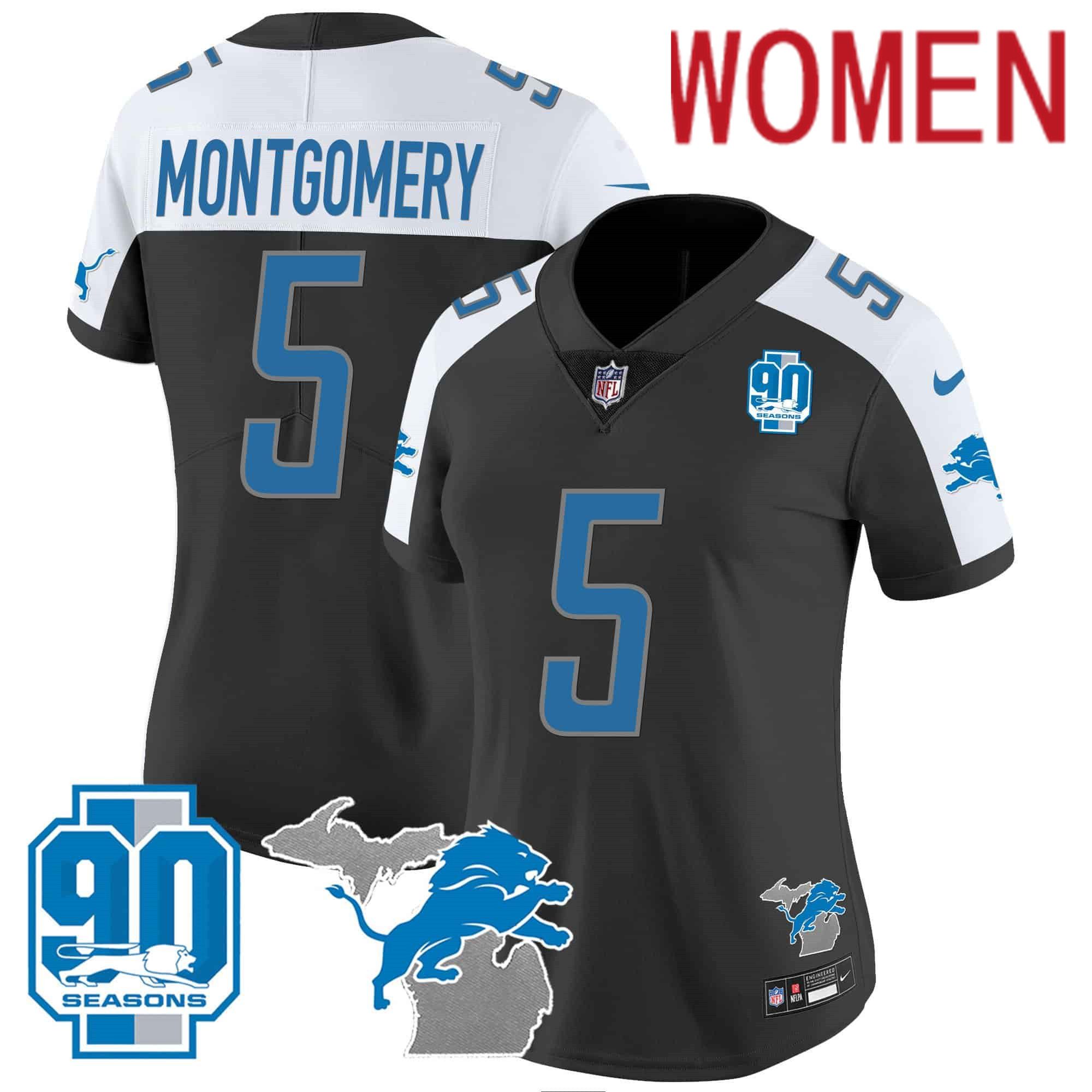 Women Detroit Lions #5 Montgomery Black 2024 Nike 90th Year Michigan Patch Vapor NFL Jersey->women nfl jersey->Women Jersey